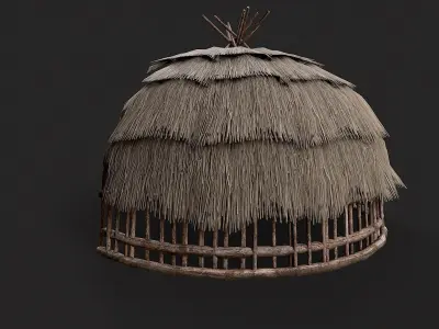 Primitive Wooden Shelter with Thatch Roof 6 Low-poly 3D model