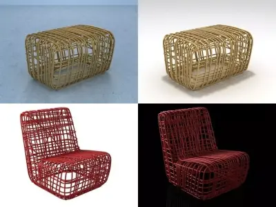 SuperElastica chair and stool made of rattan 3D model