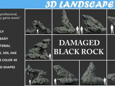 Low poly Damaged Black Rock A 190429 Low-poly 3D model