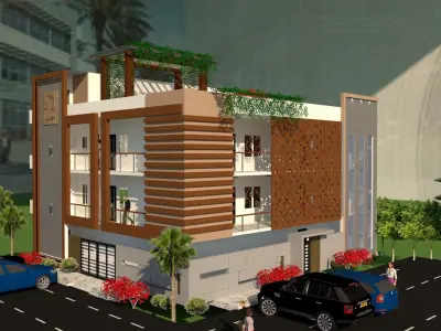 elevation residential building with cars parked Free 3D model