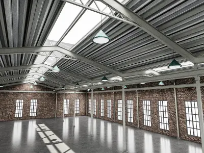 3D low poly factory empty warehouse with windows Low-poly 3D model