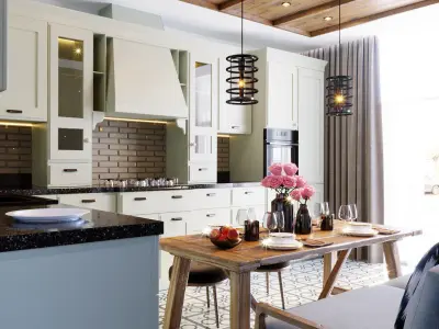 Kitchen with brick walls and wooden flooring Low-poly 3D model