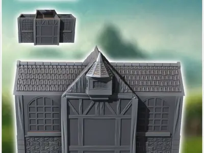 Medieval building with external stone staircase and large column 3D print model