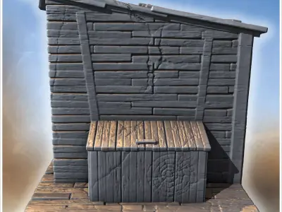 Covered wooden bridge with side rails plank flooring and adjacen 3D print model