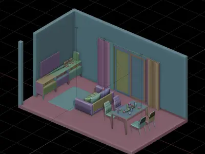 Isometric Living Dining Room With Yellow Sofa 3D model