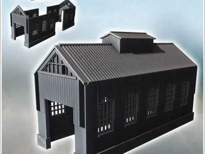 Large hangar with wide windows two-part roof and large access 24 3D print model