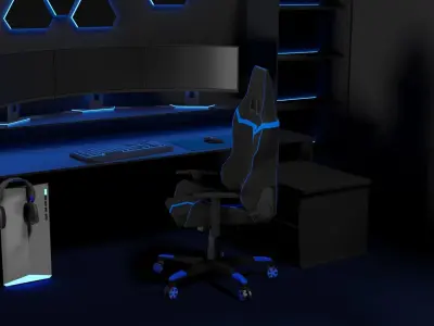 Lowpoly Gamingsetup gaming desk with lighting Low-poly 3D model