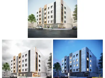 Residential Building Exterior Scene 3D model Day Rainy and Night 3D model