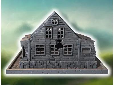 Wooden house with damaged roof broken stairs and scattered debri 3D print model