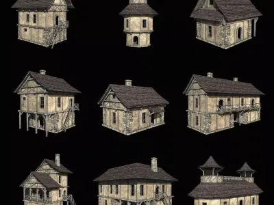 FANTASY MEDIEVAL HOUSE HUT BUILDING CITY TOWN VILLAGE COLLECTION Low-poly 3D model