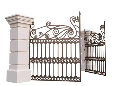 Classic Brown Wrought Iron Entrance Gate 3D Model Stone Columns Low-poly 3D model