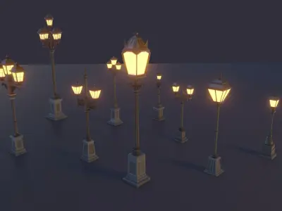 collection of 9 vintage-style  low poly antique street lamps Low-poly 3D model