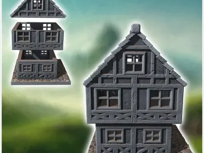Two-story medieval house with timber framing small windows and c 3D print model