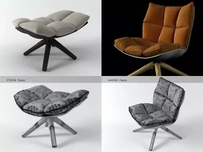 H four different chairs on wooden legs 3D model