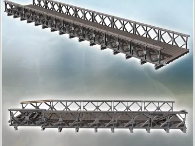 Modular modern metal bridge with wooden plank intact and damaged 3D print model