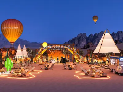 Desert Camping Festival Base with Stage Tents and Camper Trailer 3D model