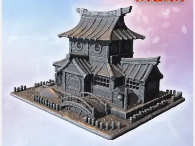 Large Japanese house with bridge wooden gates tiled roof and sur 3D print model