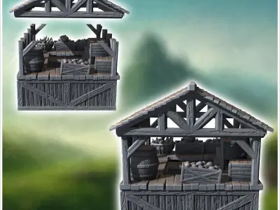 Wooden market stall with crates and baskets under a sloped roof  3D print model