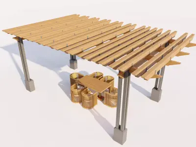Modern Wood Pergola with Metal Supports and Dining Set Low-poly 3D model