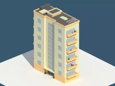 Low Poly Aparment 2 tall building with balconies Low-poly 3D model