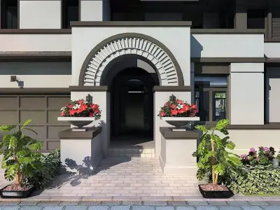 Contemporary House Exterior with Patio and Greenery 3D model