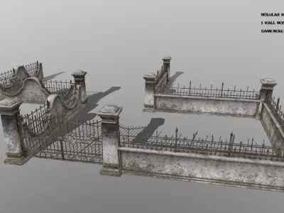 wall set two wrought iron gates Low-poly 3D model