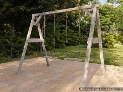 Classic wooden swing set with two seats on the ropes 3D model