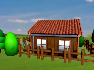 Set of stylized houses bushes trees stones fence PBR Low-poly 3D model