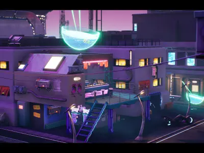Modular Stylized Cyberpunk Street Low-poly 3D model