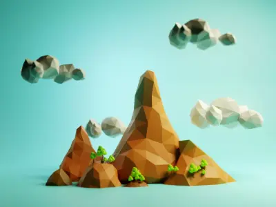 Stylized Low-Poly Mountain Terrain with Trees and Clouds Low-poly 3D model