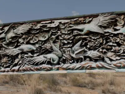 Japanese Ranma Wood Carving Cranes and Peonies Low-poly 3D model