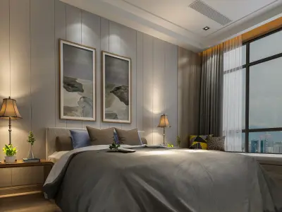 bedroom modern with wooden floors and city 3D model