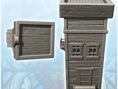 Two-storey medieval wooden building with platform entrance and c 3D print model