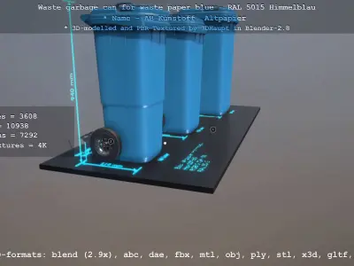 Waste garbage can for waste paper blue - RAL 5015 Himmelblau Low-poly 3D model