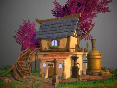 Village house on island Low-poly 3D model