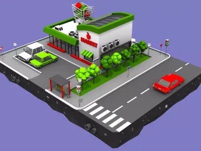 Supermarket Block from Cartoon Low Poly City Low-poly 3D model