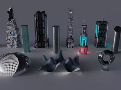 Cyberpunk Sci-fi futuristic building pack mid-poly 3D model Low-poly 3D model
