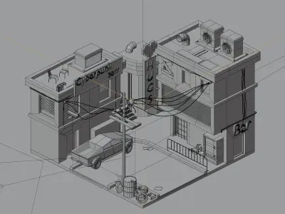 Street scene with a steampunk motif  Low-poly 3D model