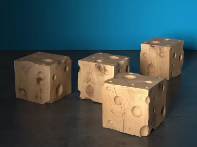 Cheese cube of wood with holes in it 3D model