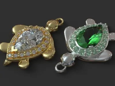 turtle two pendants with diamonds and emeralds 3D print model