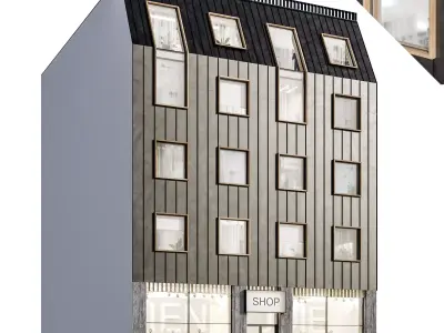 Modern residential facade 02  at night with simple interiors 3D model
