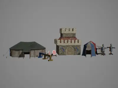 Barracks medieval castle and tents Low-poly 3D model