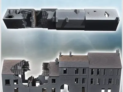 Set of four damaged modern buildings with large access door and  3D print model