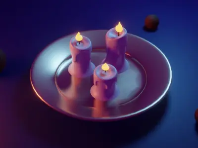 Candles three lit on silver plate Free low-poly 3D model