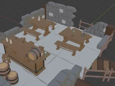 Low poly bar in the ruined house Low-poly 3D model
