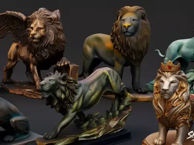 Lion Statues Pack VOL4 Low-poly 3D model