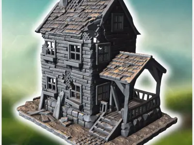 Two-story wooden house with a damaged porch broken windows and a 3D print model