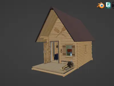 Detailed Log Cabin with Interior and Texture Lighting 3D model