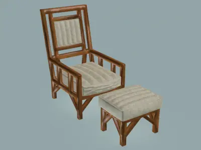 Wooden and cotton armchair with pouf 3D model
