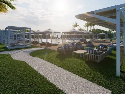 Hotel Pool Area with bar seating sunshade sunbed and lounge 3D model